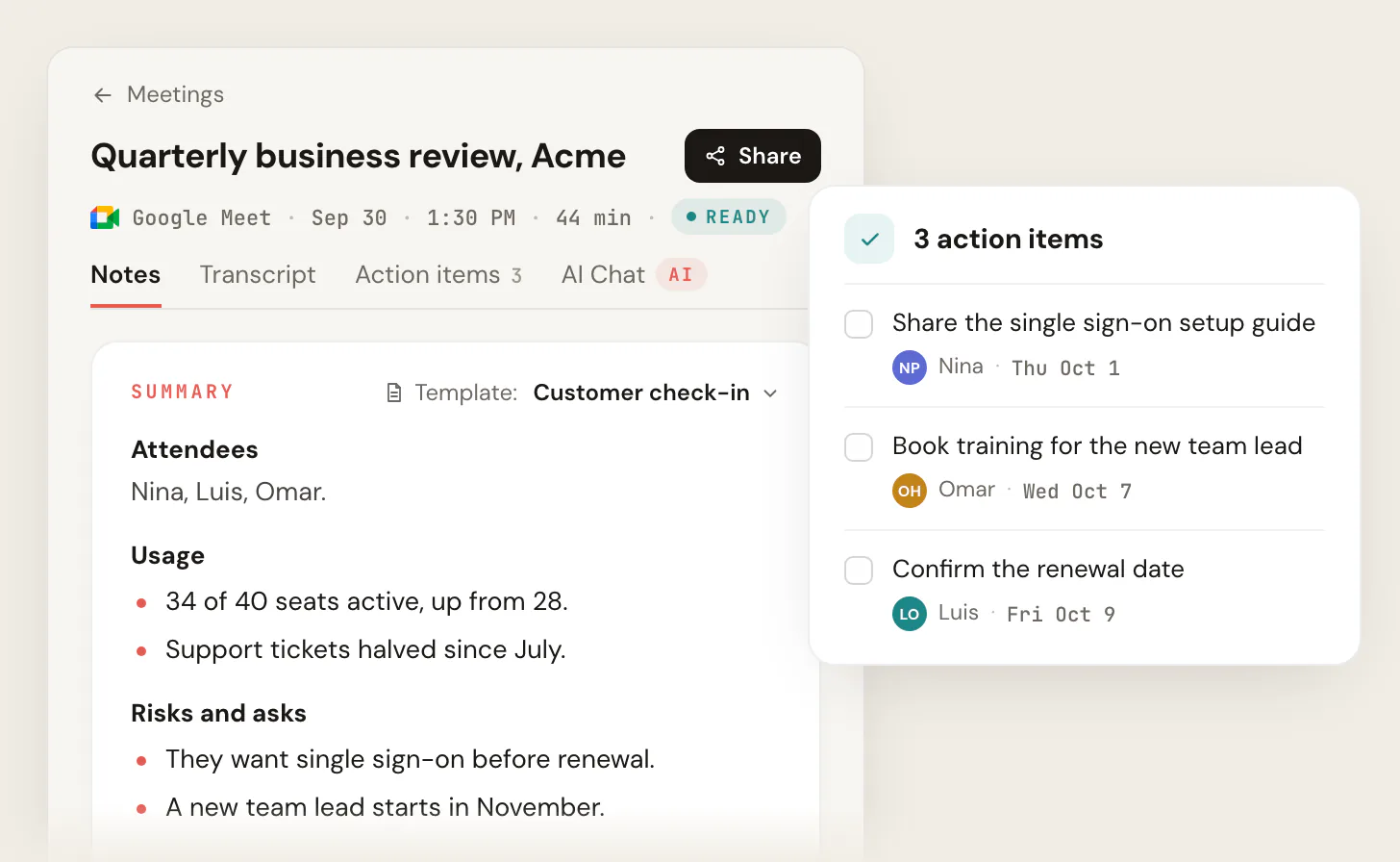 Scribbl notes for a 44-minute Google Meet call, Quarterly business review, Acme, with Template: Customer check-in: attendees, usage, and risks and asks, beside 3 action items with owners and dates