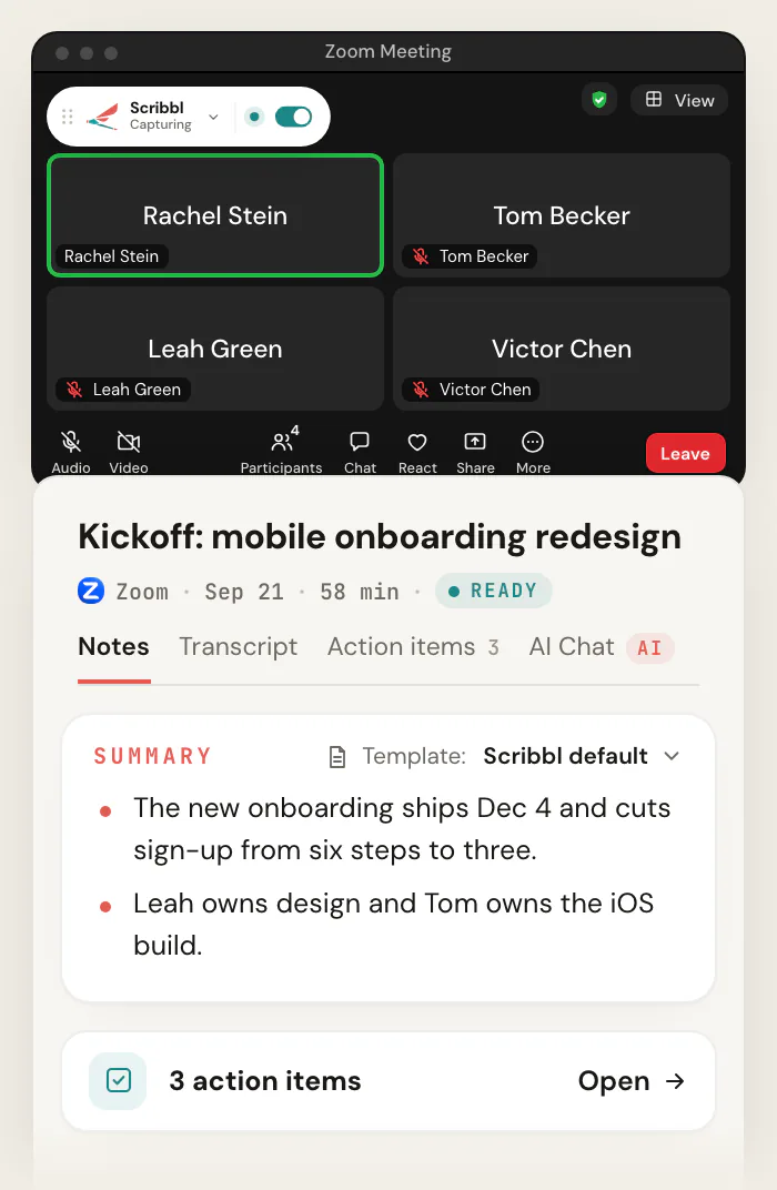 A Zoom call with Scribbl Desktop showing Capturing at the top left, and the Scribbl meeting page for "Kickoff: mobile onboarding redesign" with a summary and 3 action items.