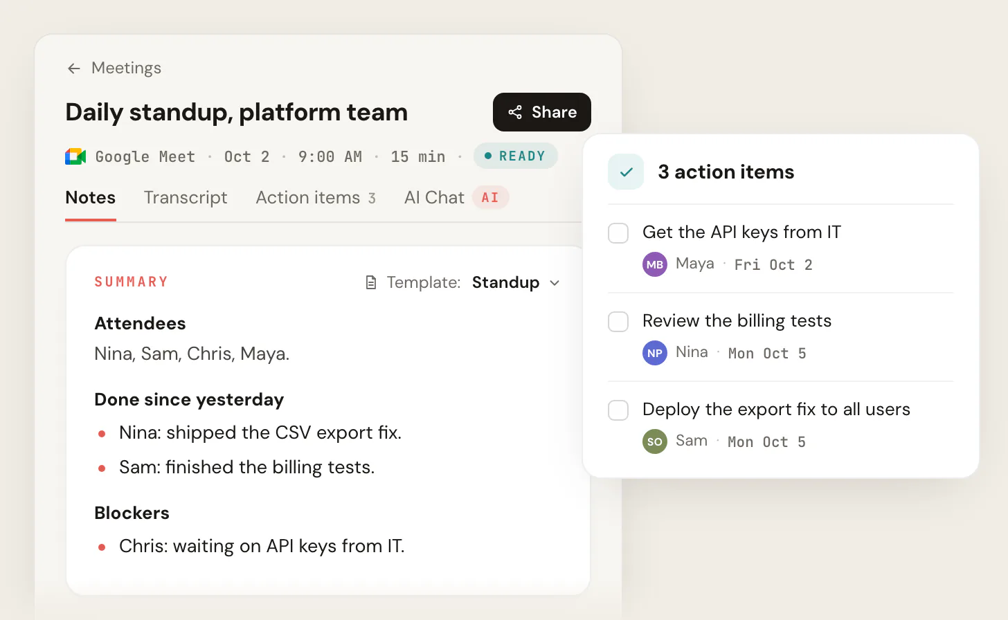 Scribbl notes for a 15-minute Google Meet call, Daily standup, platform team, with Template: Standup: attendees, done since yesterday and blockers, beside 3 action items with owners and dates