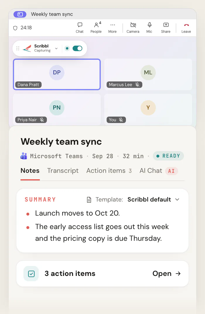 A Microsoft Teams call with Scribbl Desktop showing Capturing at the top left, and the Scribbl meeting page for "Weekly team sync" with a summary and 3 action items.