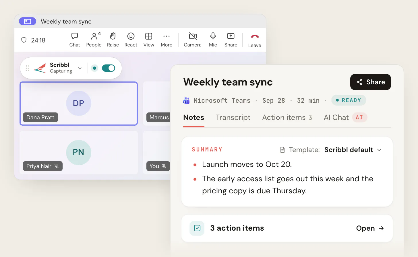 A Microsoft Teams call called Weekly team sync with the Scribbl Desktop control showing Capturing, next to the Scribbl meeting page for that 32-minute Teams meeting with a summary and 3 action items