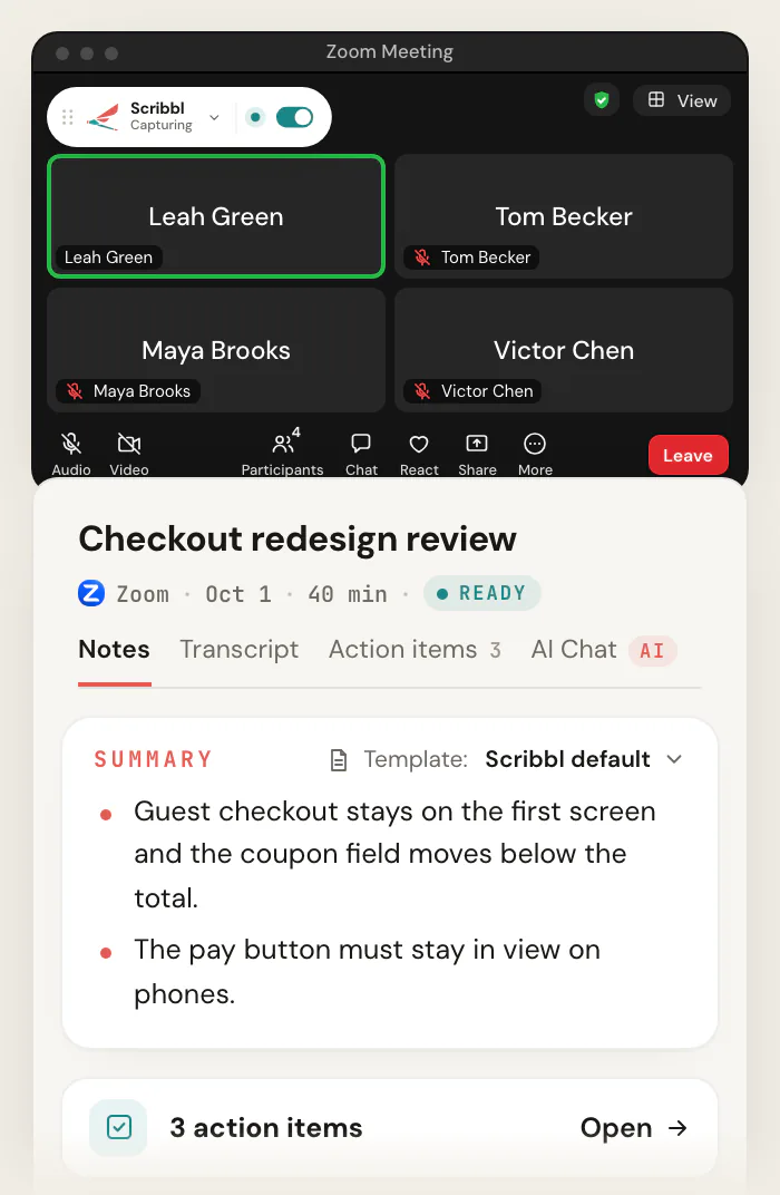 A Zoom call with Scribbl Desktop showing Capturing at the top left, and the Scribbl meeting page for "Checkout redesign review" with a summary and 3 action items.