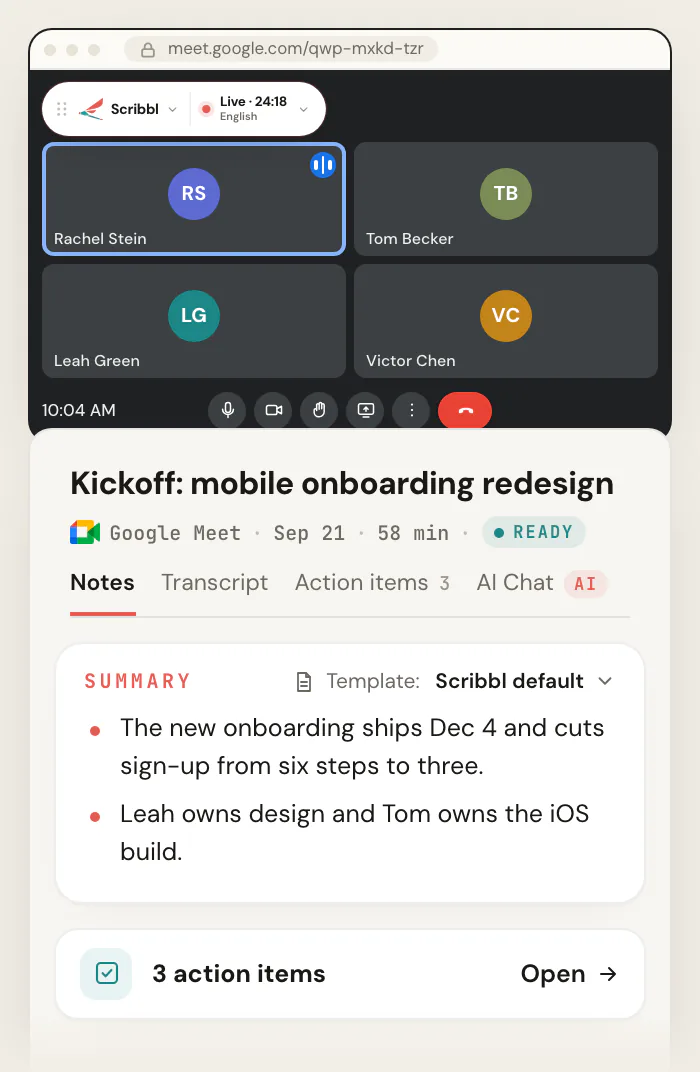 A Google Meet call with the Scribbl Chrome extension showing Live at the top left, and the Scribbl meeting page for "Kickoff: mobile onboarding redesign" with a summary and 3 action items.