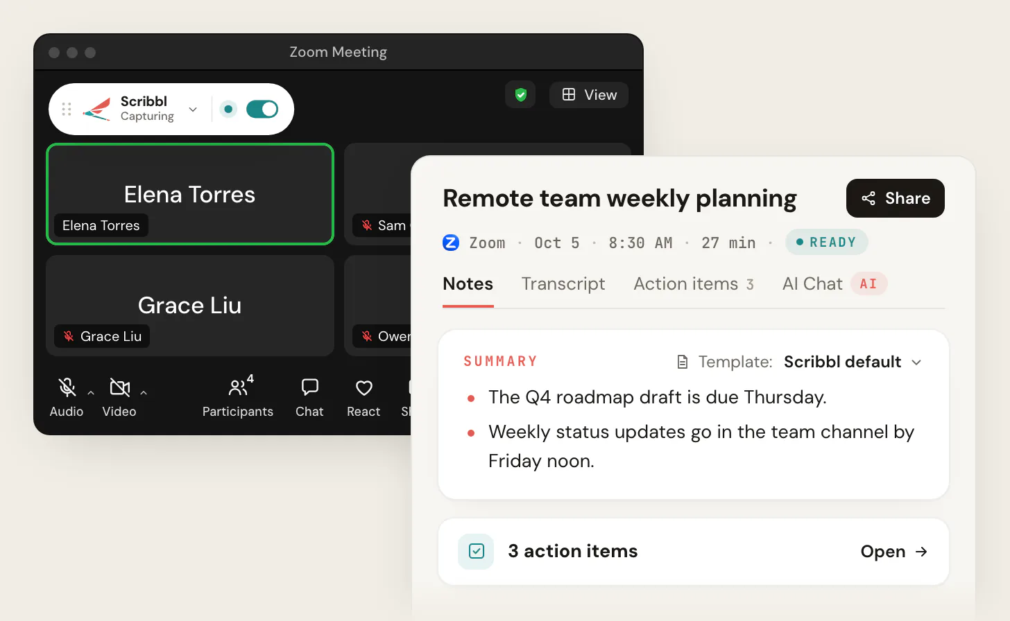 A Zoom call with Scribbl Desktop showing Capturing at the top left, next to the Scribbl meeting page for Remote team weekly planning with a summary and 3 action items