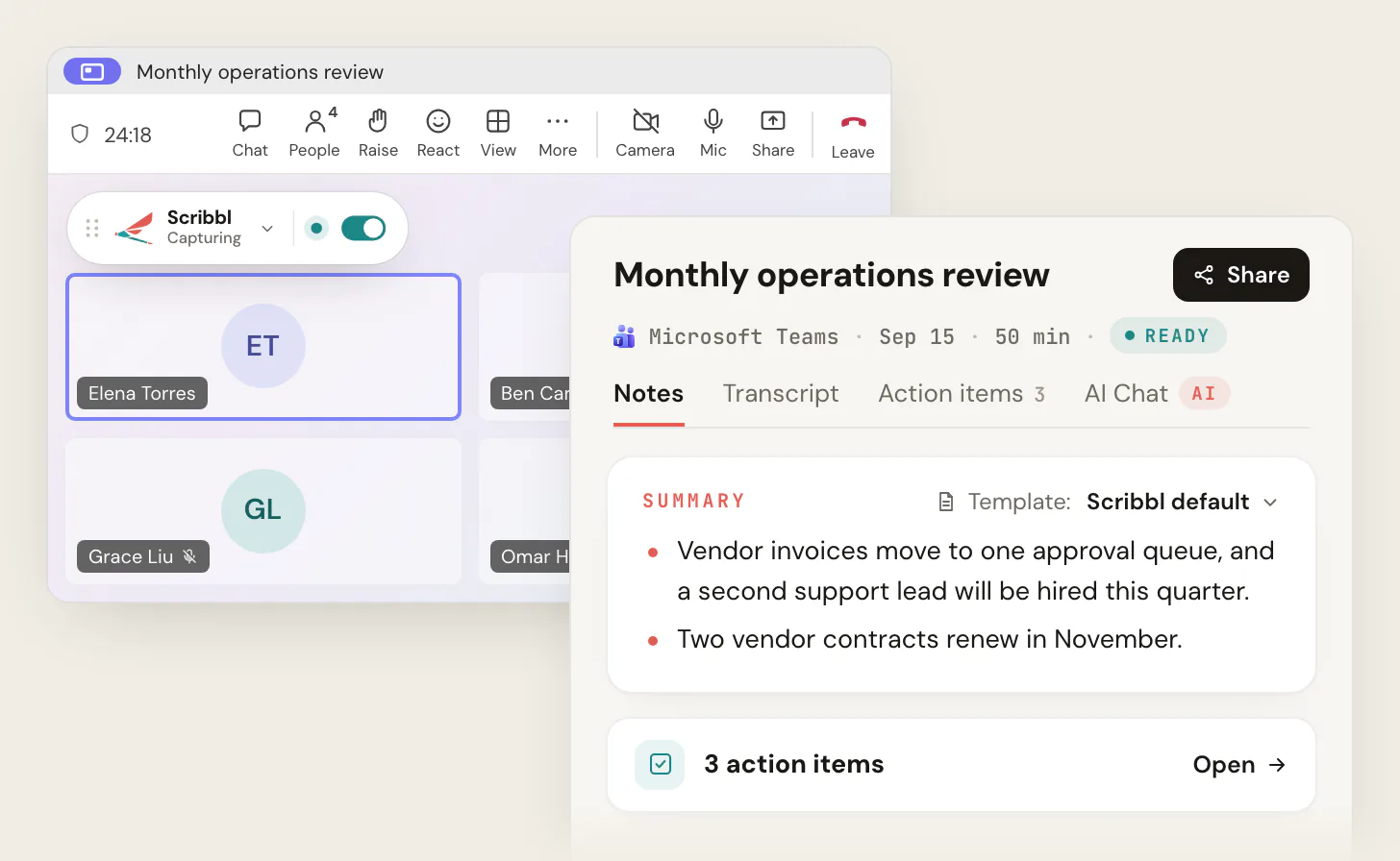 A Microsoft Teams call with Scribbl Desktop showing Capturing at the top left, next to the Scribbl meeting page for Monthly operations review with a summary and 3 action items