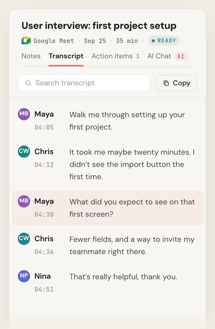 The Transcript tab of the Scribbl meeting page for "User interview: first project setup", with each line labeled by speaker and time, and on wider screens the meeting video and a timeline of who spoke.