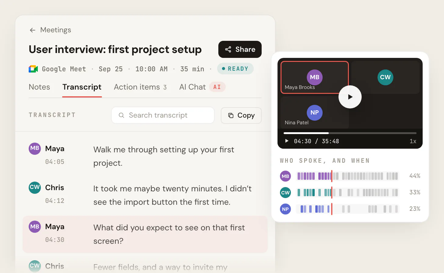 The Transcript tab of the Scribbl meeting page for a Google Meet user interview, with a Search transcript box, a Copy button, each line labeled with the speaker's name and time, and on wider screens the meeting video and a timeline of who spoke.