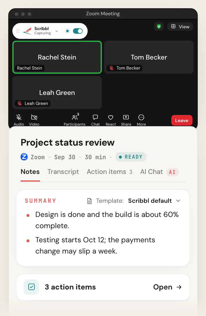 A Zoom call with Scribbl Desktop showing Capturing at the top left, and the Scribbl meeting page for "Project status review" with a summary and 3 action items.