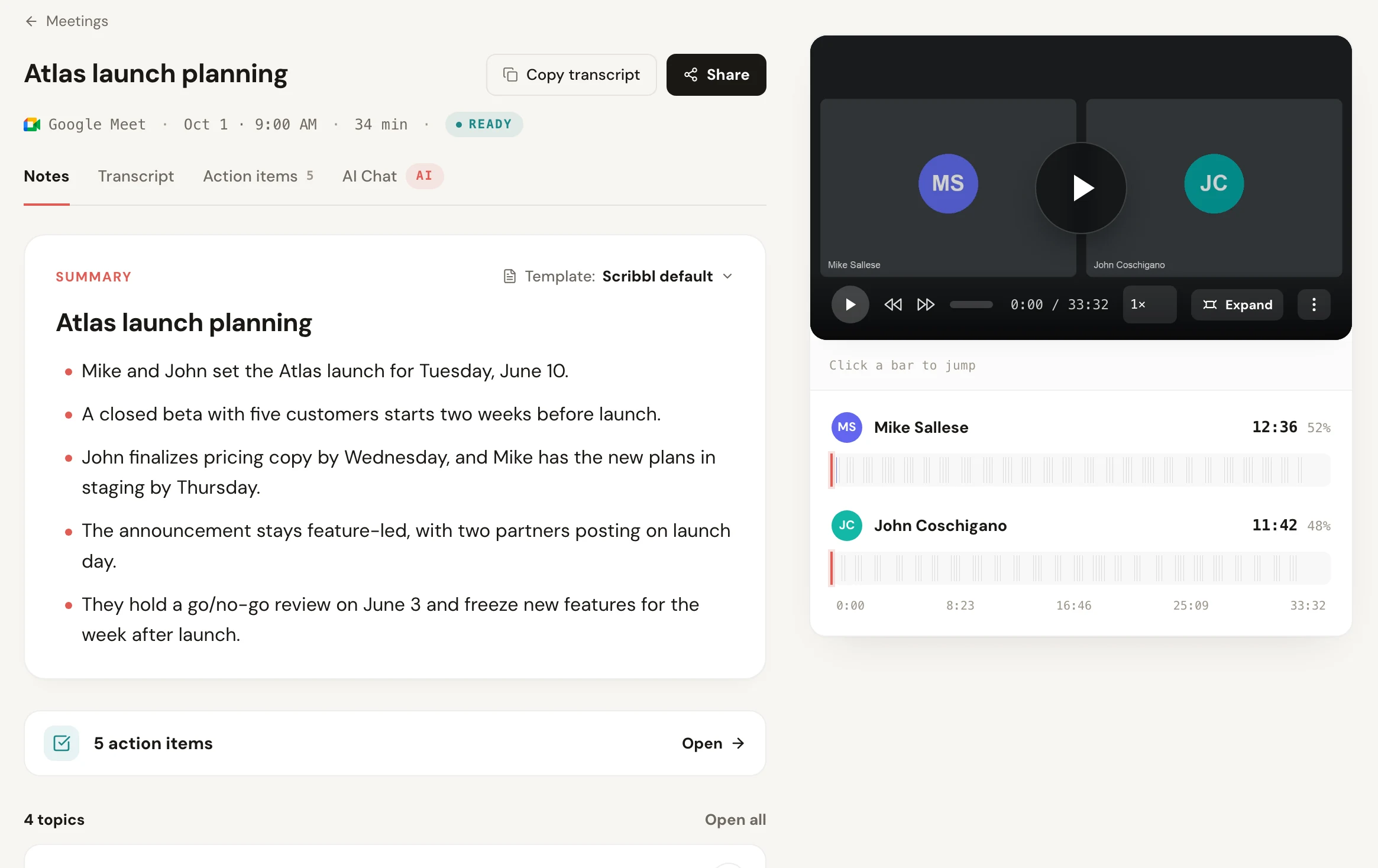 Scribbl's sample meeting Atlas launch planning in the Scribbl web app: a summary of the meeting, its action items and topics, the meeting video, and a timeline of who spoke when