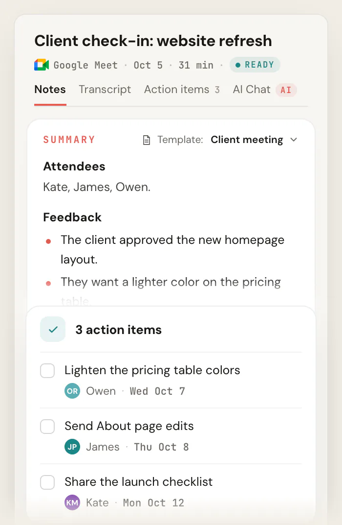 Scribbl notes for "Client check-in: website refresh" using the Client meeting template, showing the attendees, the feedback and the decisions, and a card with 3 action items, each with an owner and a due date.
