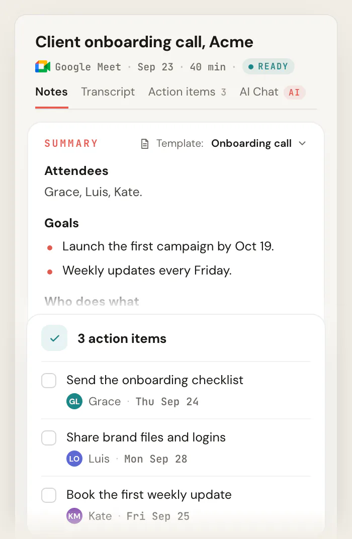 Scribbl notes for "Client onboarding call, Acme" using the Onboarding call template, showing the attendees, the goals and the who does what, and a card with 3 action items, each with an owner and a due date.