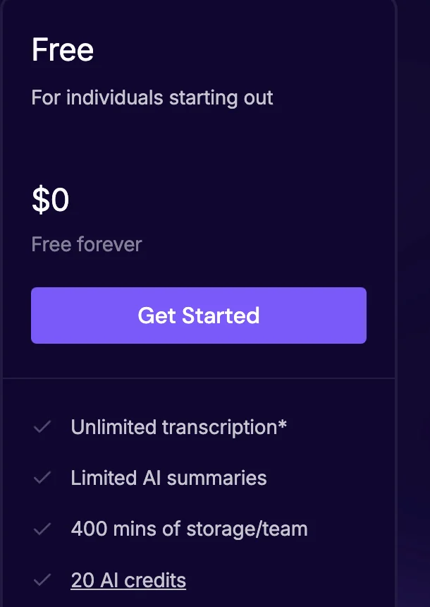 Fireflies.ai's free plan as shown on its pricing page