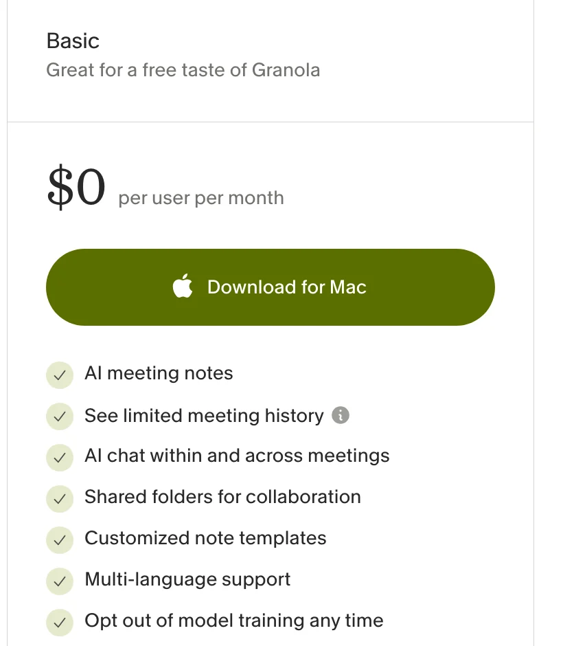 Granola's free plan as shown on its pricing page