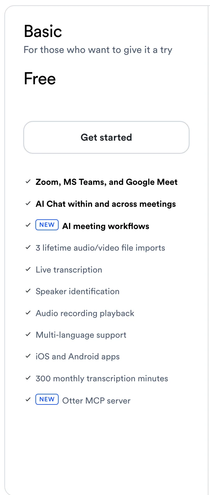 Otter pricing page: Basic free plan with 300 monthly transcription minutes and 30 minutes per conversation