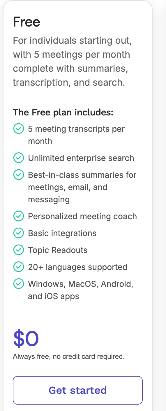 Read AI's free plan as shown on its pricing page