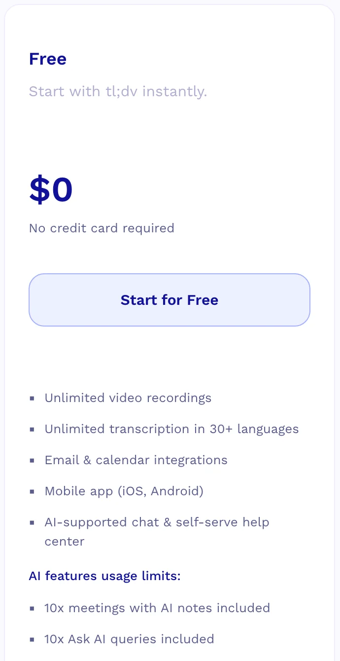 tl;dv's free plan as shown on its pricing page