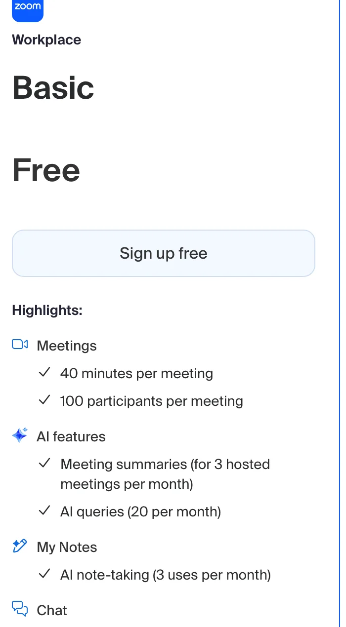 Zoom's free plan as shown on its pricing page