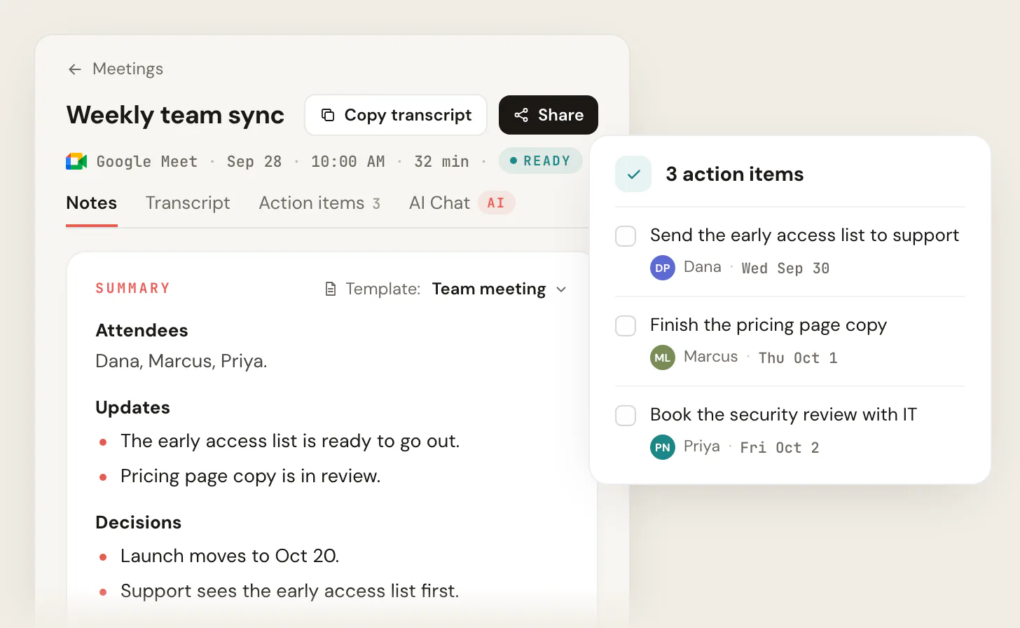 Scribbl notes for Weekly team sync using the Team meeting template, showing the attendees, the updates and the decisions, and a card with 3 action items, each with an owner and a due date.