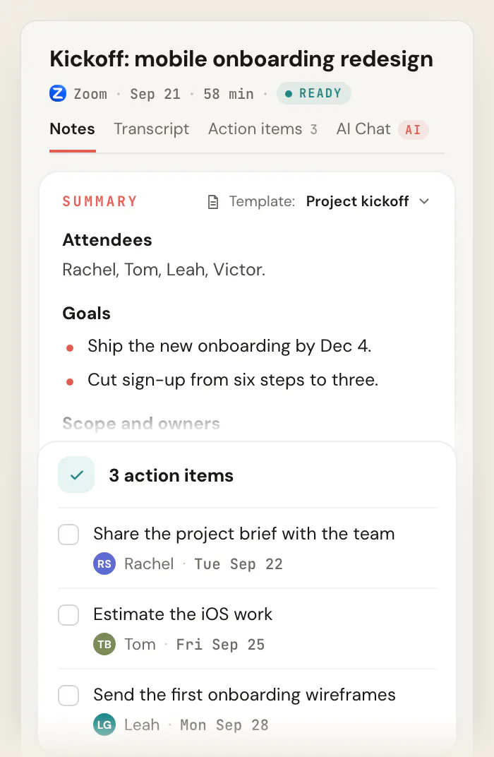Scribbl notes for "Kickoff: mobile onboarding redesign" using the Project kickoff template, showing the attendees, the goals and the scope and owners, and a card with 3 action items, each with an owner and a due date.