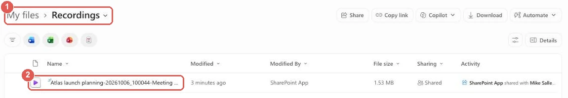 OneDrive on the web open at My files, Recordings, listing the Atlas launch planning meeting recording MP4, modified 3 minutes ago by SharePoint App, 1.53 MB, marked Shared