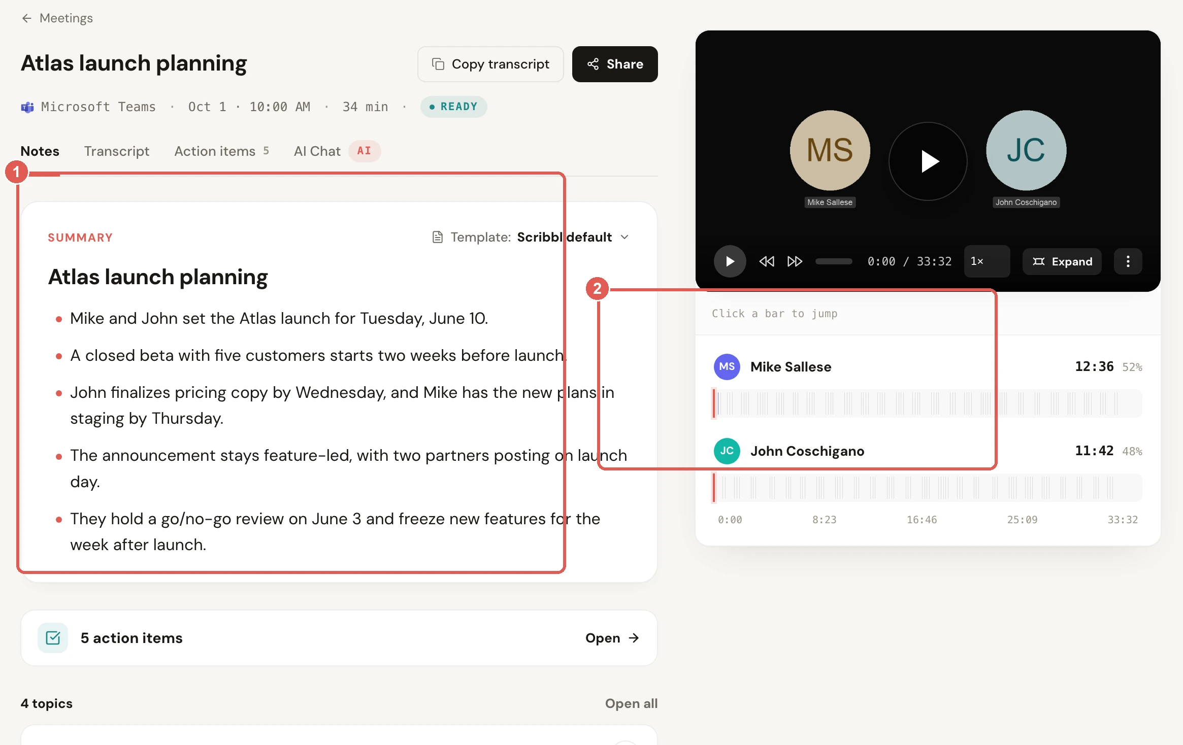 Scribbl meeting page for Atlas launch planning, a Microsoft Teams meeting, with the AI summary and 5 action items on the left and the recorded video above a timeline of who spoke when, for Mike Sallese and John Coschigano, on the right