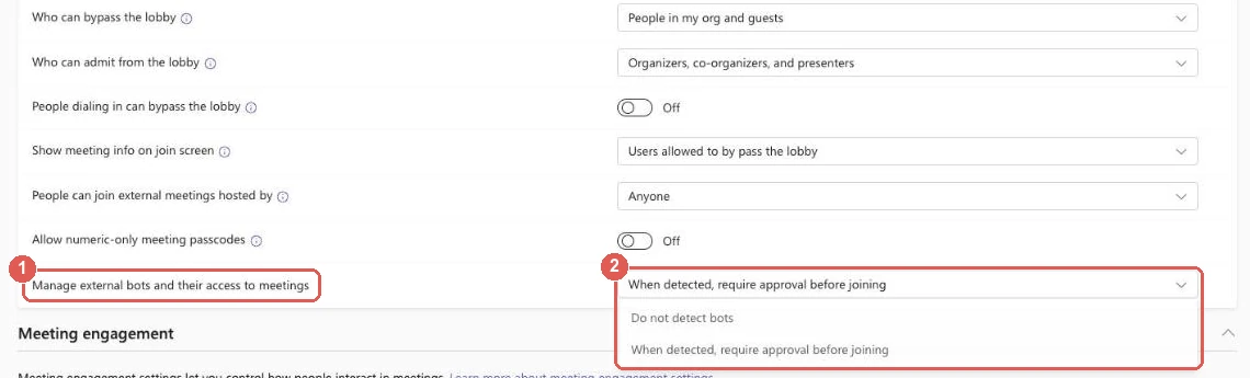 Microsoft Teams admin center meeting policy with the Manage external bots and their access to meetings dropdown open, showing Do not detect bots and When detected, require approval before joining
