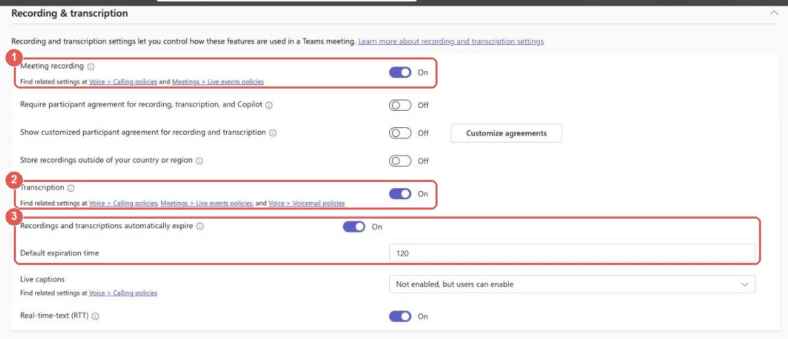 Microsoft Teams admin center meeting policy, Recording and transcription section, with Meeting recording On, Transcription On, Recordings and transcriptions automatically expire On and Default expiration time 120 highlighted