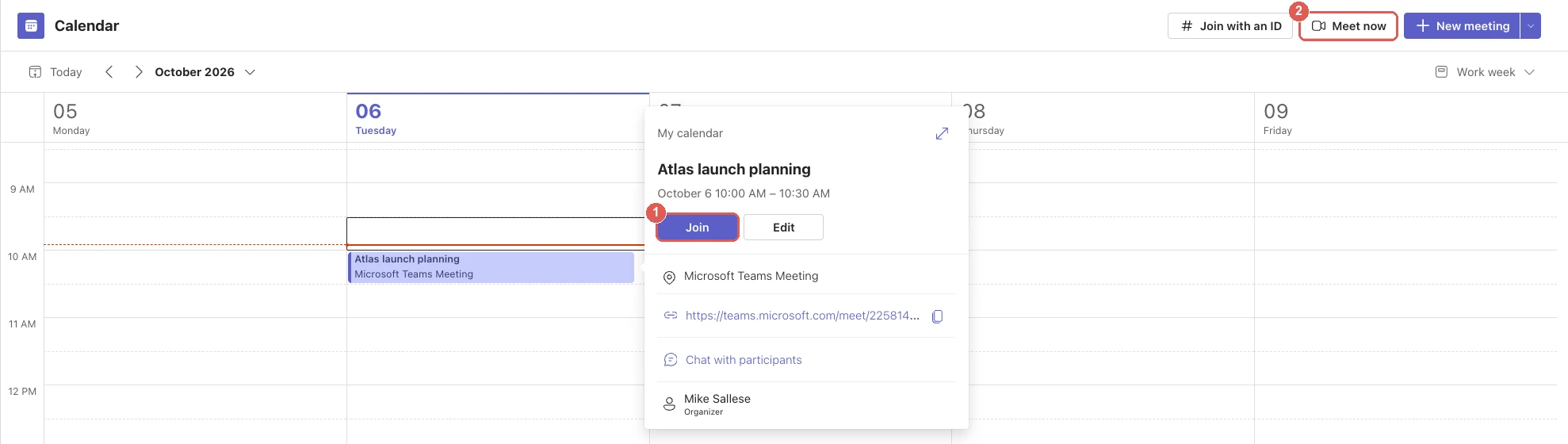 Microsoft Teams calendar on Mac with the Atlas launch planning meeting card open, the Join button and the Meet now button highlighted