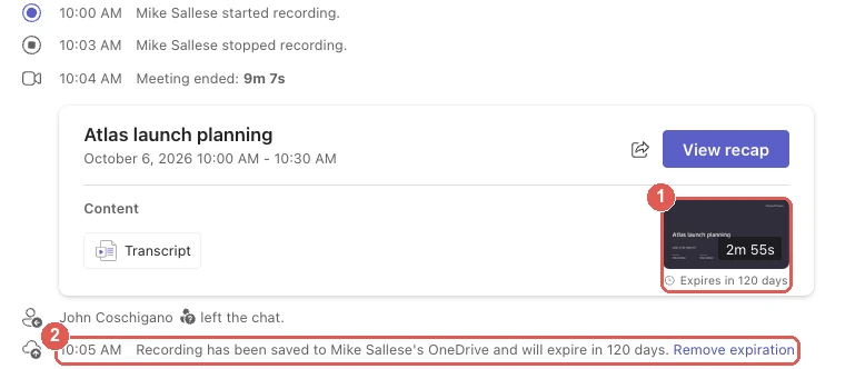 Microsoft Teams meeting chat for Atlas launch planning: Mike Sallese started and stopped recording, a recap card with View recap, a Transcript chip and the recording thumbnail marked Expires in 120 days, and a line reading Recording has been saved to Mike Sallese's OneDrive and will expire in 120 days, with a Remove expiration link