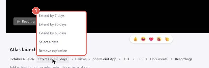 Expiration menu open under a Teams recording in the web player, listing Extend by 7 days, Extend by 30 days, Extend by 60 days, Select a date and Remove expiration