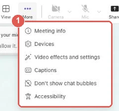 A guest's More menu in a Teams meeting in a browser, listing Meeting info, Devices, Video effects and settings, Captions, Don't show chat bubbles and Accessibility, with no Record and transcribe