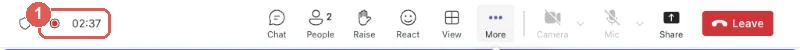 A guest's view of a Microsoft Teams meeting in a browser while Teams records, with a red recording dot beside the meeting timer at the top left highlighted