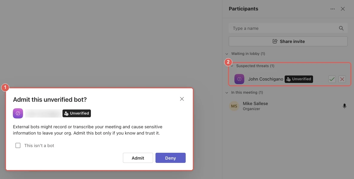 Microsoft Teams dialog titled Admit this unverified bot?, warning that external bots might record or transcribe the meeting, with Admit and Deny buttons