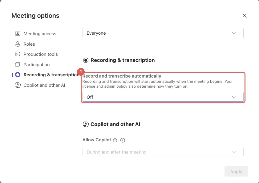 Microsoft Teams Meeting options dialog with Record and transcribe automatically set to Off as the only setting under Recording and transcription, and Allow Copilot under Copilot and other AI