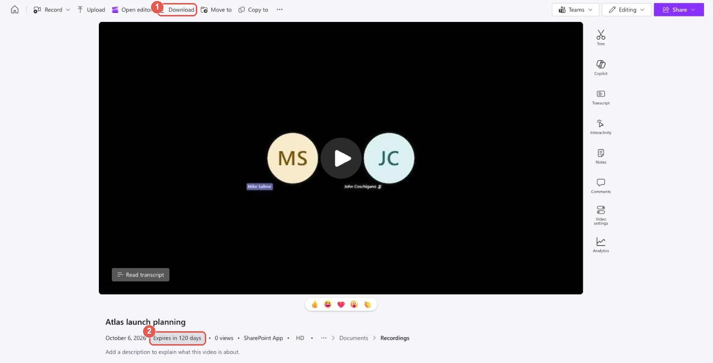 The Atlas launch planning recording in the web player, with Record, Upload, Open editor, Download, Move to and Copy to in the toolbar, Download highlighted, and under the title October 6, 2026, Expires in 120 days highlighted, 0 views, SharePoint App, HD and a path ending in Documents, Recordings