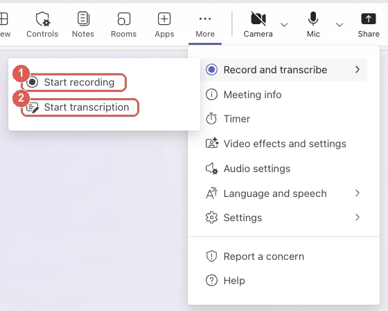 Microsoft Teams More menu open on Record and transcribe, with Start recording and Start transcription highlighted