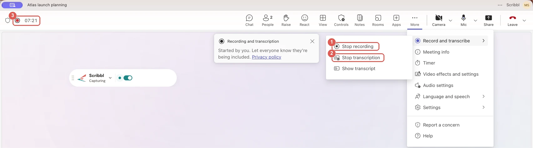 Microsoft Teams for Mac while recording the meeting Atlas launch planning: a red recording dot next to the meeting timer at the top left, and the More menu open on Record and transcribe with Stop recording and Stop transcription