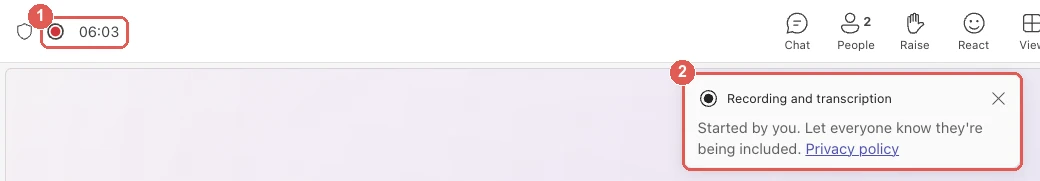 Top of a Microsoft Teams meeting window on Mac with a red recording dot beside the timer and a notice reading Recording and transcription, Started by you, Let everyone know they're being included