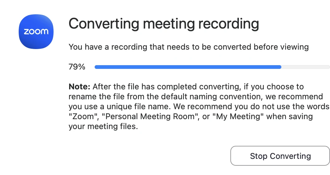 Zoom window titled Converting meeting recording with a progress bar at 79 percent and a Stop Converting button