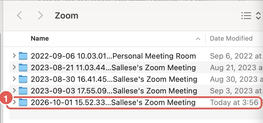 Finder showing the Zoom folder with dated meeting folders, the newest highlighted
