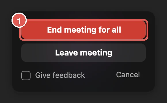 Zoom end meeting dialog with End meeting for all highlighted