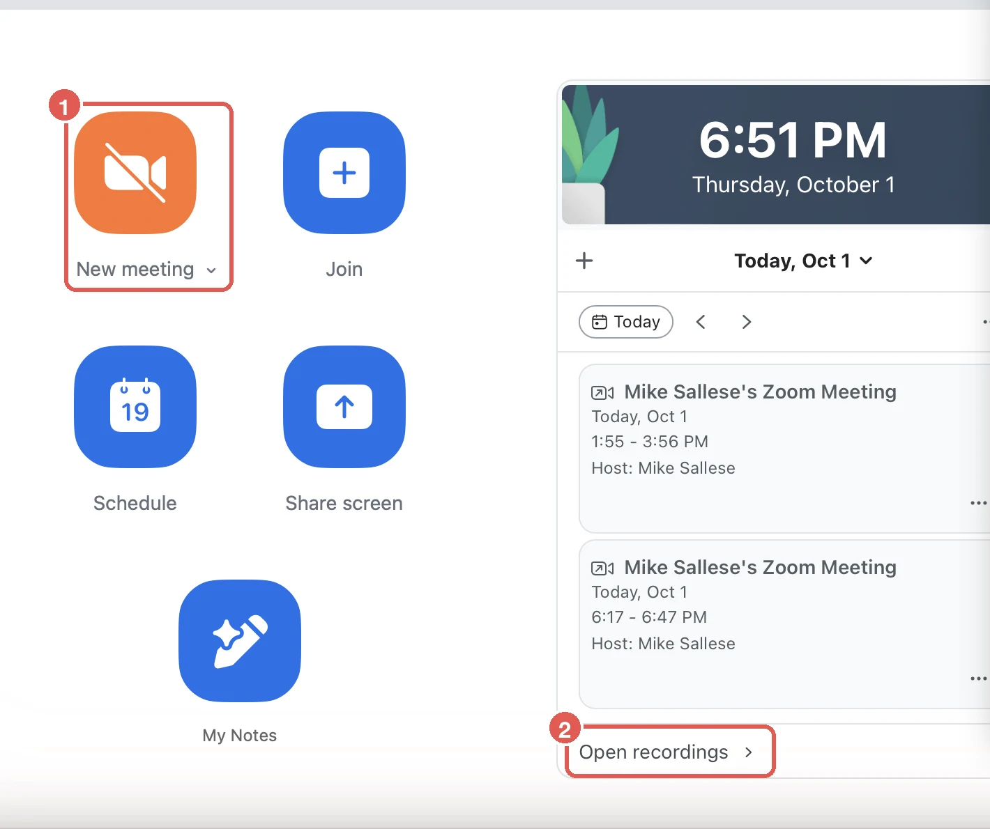 Zoom Workplace home tab on Mac with the New meeting button and the Open recordings link highlighted