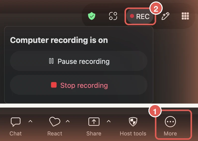 Zoom Workplace 7.1.9 while recording: the REC indicator with its Computer recording is on panel, above the meeting toolbar with More highlighted