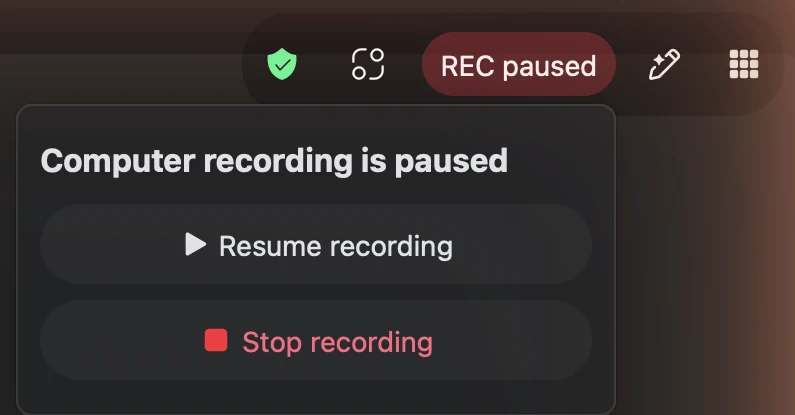 Zoom REC paused indicator with a panel reading Computer recording is paused, with Resume recording and Stop recording buttons