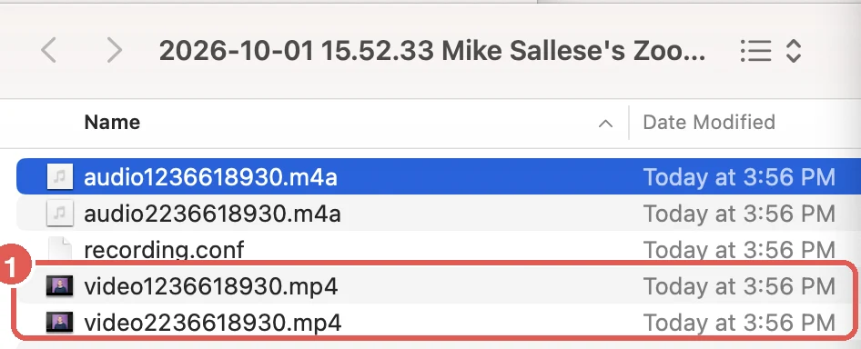 Finder window showing a Zoom meeting folder with two m4a audio files, recording.conf and two mp4 video files highlighted