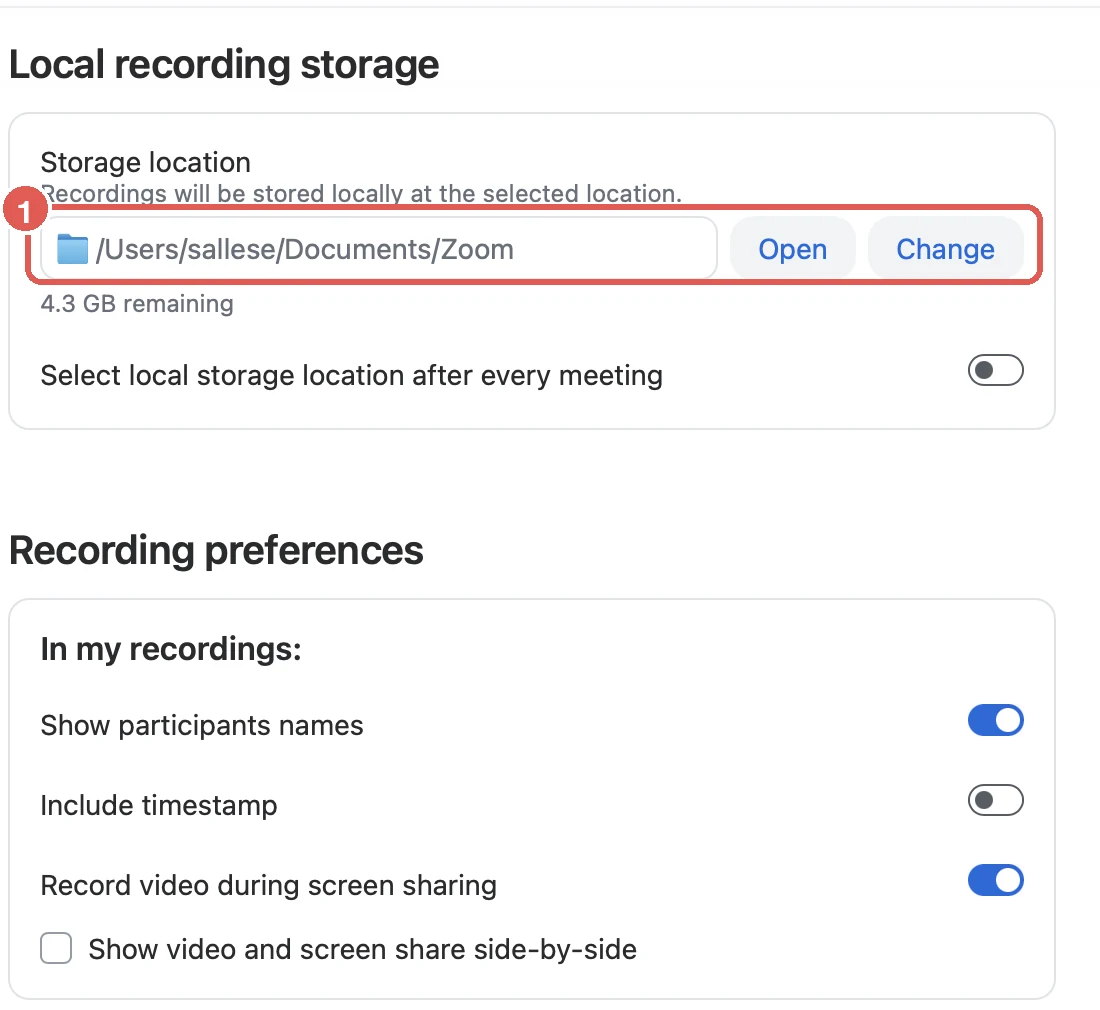 Zoom Settings showing Local recording storage at Documents/Zoom with Open and Change buttons, and Recording preferences