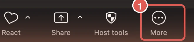 Zoom meeting toolbar showing React, Share, Host tools and More, with More highlighted