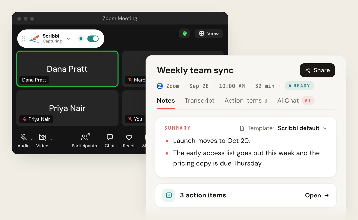 A Zoom meeting window with Scribbl showing Capturing at the top left, and the Scribbl meeting page for Weekly team sync with Notes, Transcript, Action items and AI Chat tabs, a summary and 3 action items