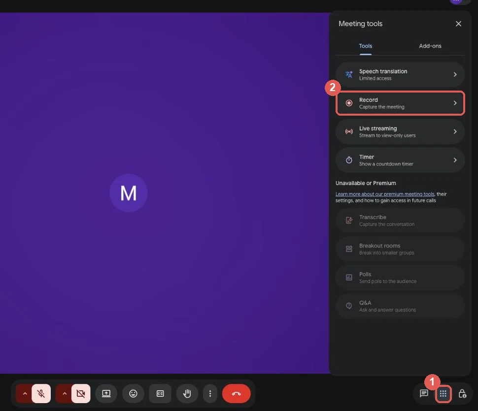 Google Meet call with the Meeting tools panel open and the Record option highlighted