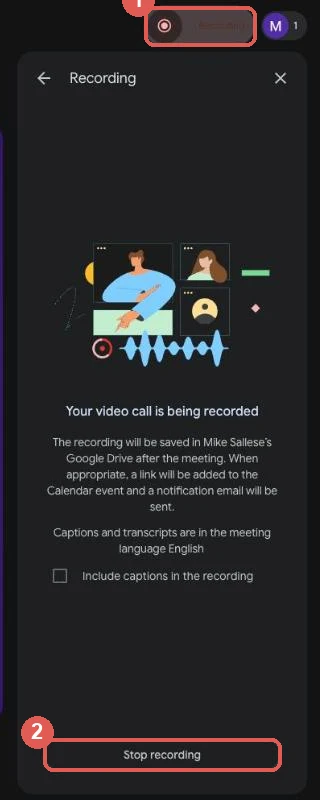 Google Meet showing the Recording badge at the top and the Stop recording button in the Recording panel